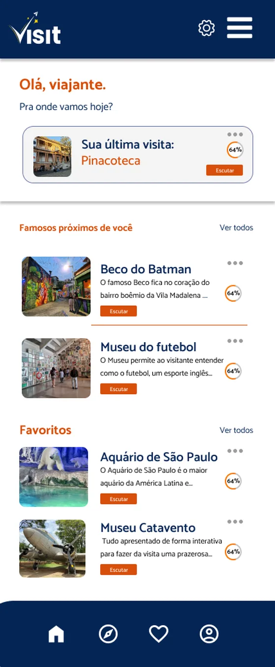 Audio guide hub with last visit, nearby attractions and favourites
